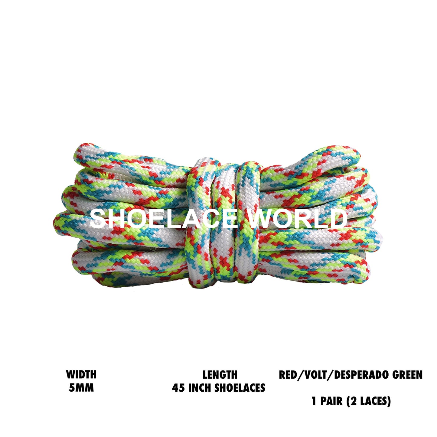 Red / Volt / Desperado Green 45 Inches Crinkly Prism Multicolor Rope Shoelaces 5mm Colorful Pattern Laces Ships Out From The USA Next Day