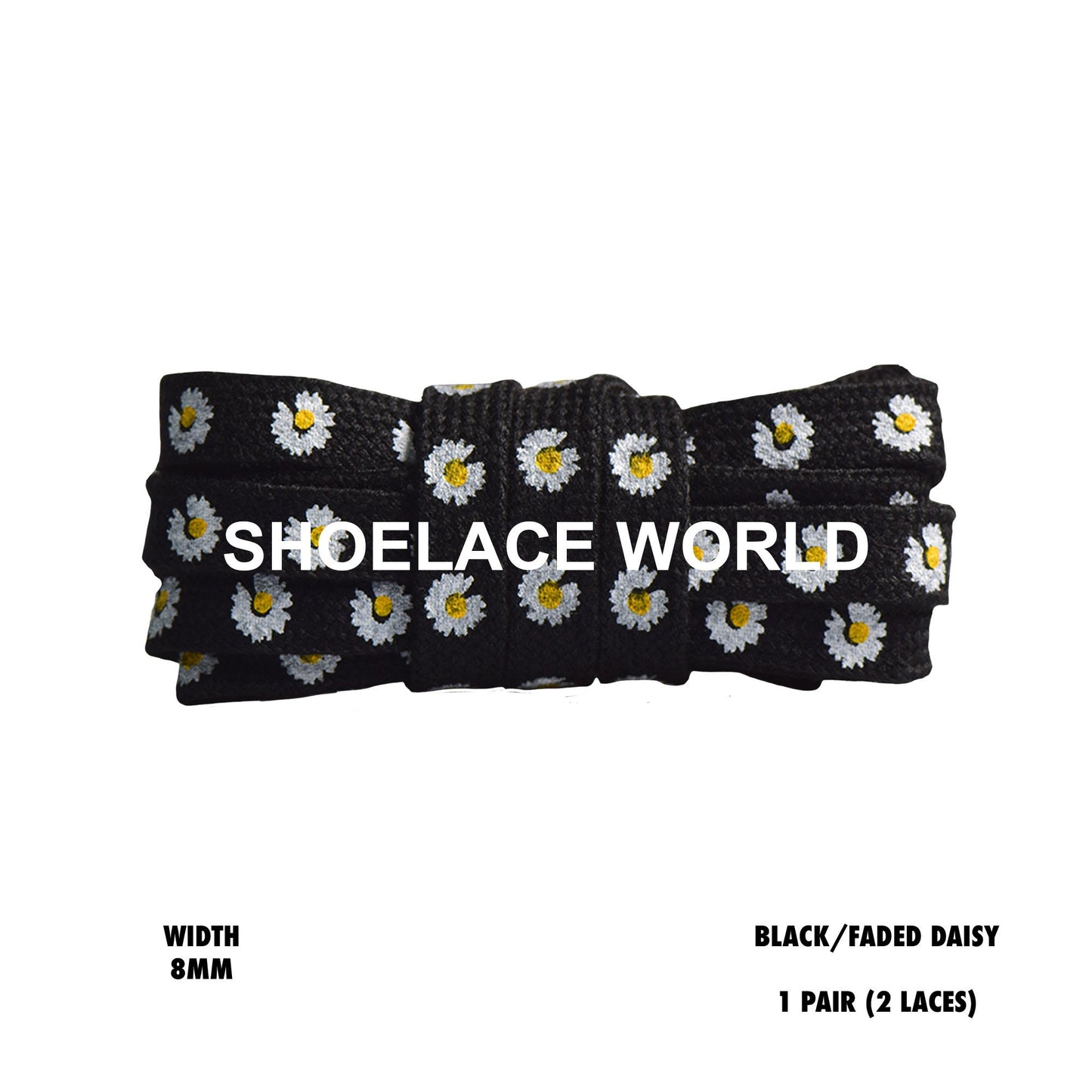 Black / Faded Daisy Print Flat Shoelaces 8mm Colorful Printed Laces Ships Out From The USA Next Day