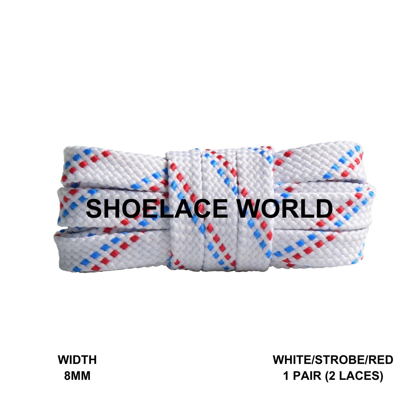 White / Strobe / Red Pattern Flat Shoelaces 8mm Colorful Pattern Laces Ships Out From The USA Next Day
