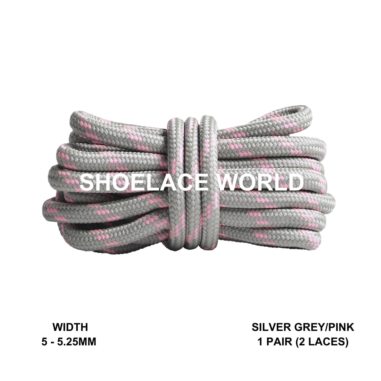 Silver Grey / Pink Rope Round Shoelaces 3/16 Inch 5-5.25mm For Boot Hiking Jogging Trekking Durable Laces Ships Out From The USA Next Day