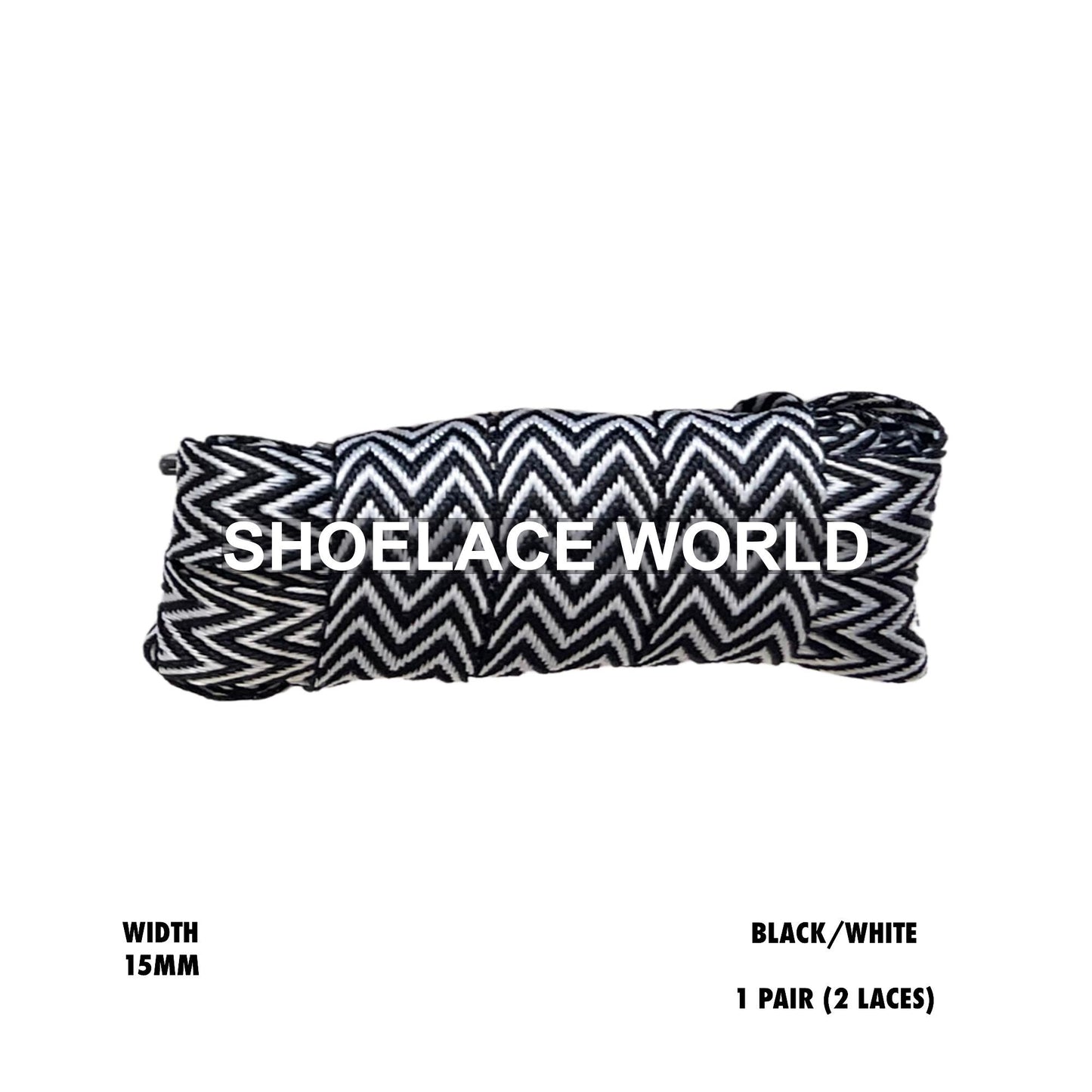 Black/White W-Threaded Pattern Flat Shoelaces 15mm Colorful Pattern Laces Ships Out From The USA Next Day