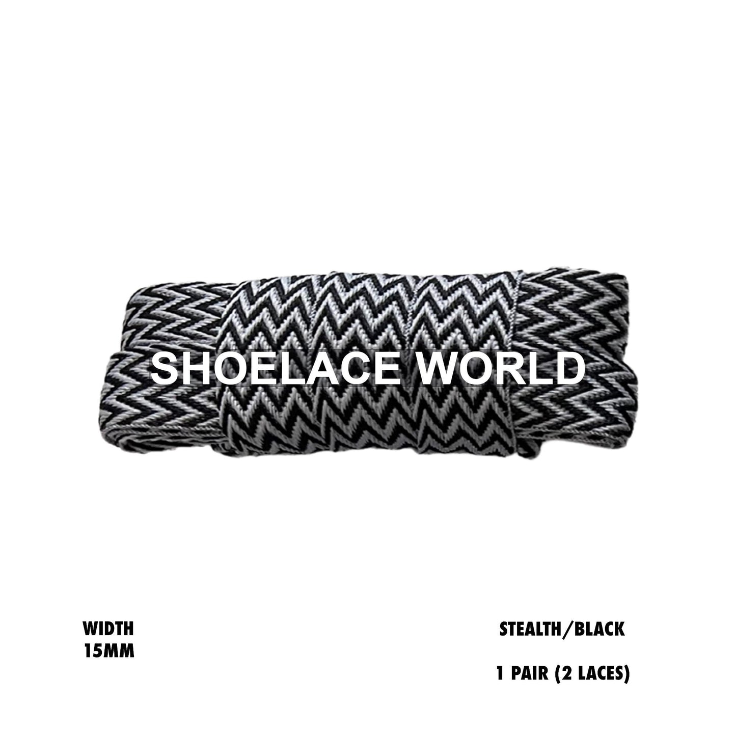Stealth/Black W-Threaded Pattern Flat Shoelaces 15mm Colorful Pattern Laces Ships Out From The USA Next Day
