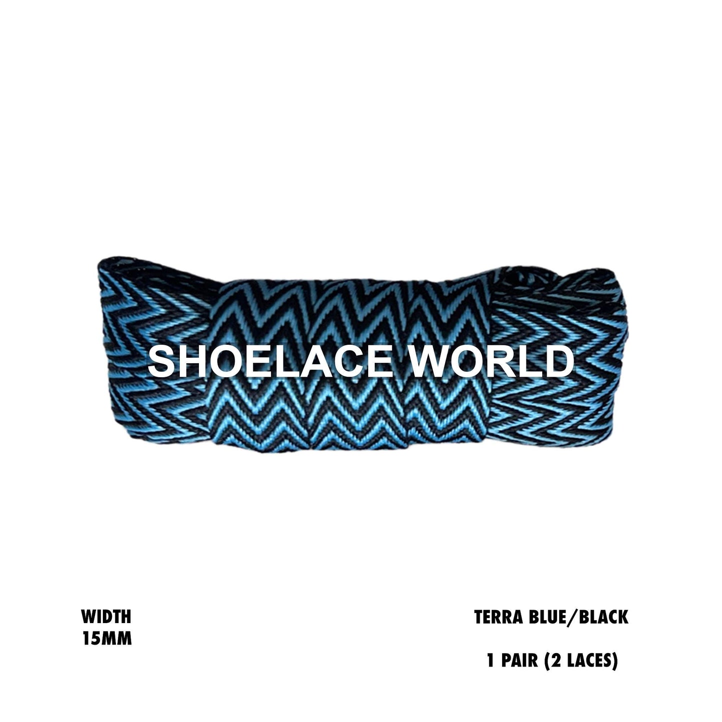 Terra Blue/Black W-Threaded Pattern Flat Shoelaces 15mm Colorful Pattern Laces Ships Out From The USA Next Day