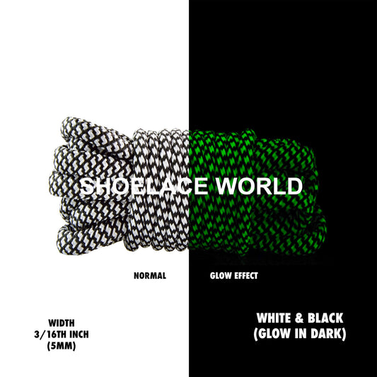 White & Black Glow In Dark Rope Shoelaces 3/16 Inch Two Tone Dual Pattern Classic Laces Ships Out From The USA Next Day