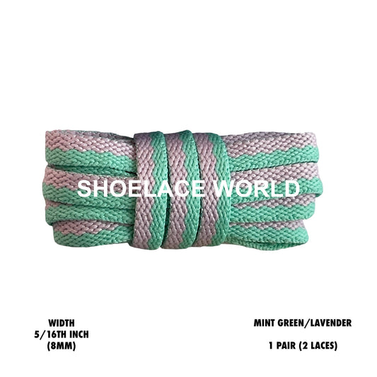 Mint Green / Lavender Two Tone Multicolor Flat Shoelaces 5/16 Inch Colorful Pattern Laces Ships Out From The USA Next Day