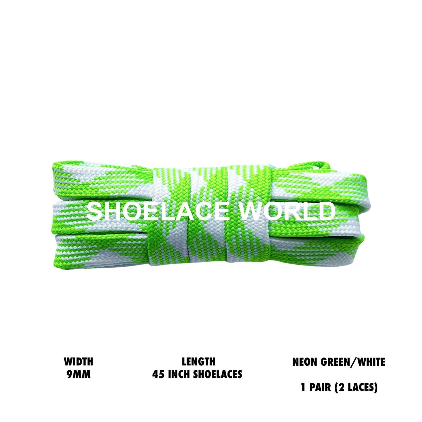 Neon Green / White 45 Inches Prism Flat Shoelaces 9mm Colorful Pattern Laces Ships Out From The USA Next Day
