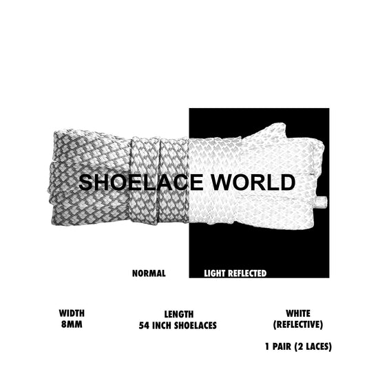 White 54 Inches Reflective Flat Shoelaces 8mm Safety Laces Running Casual Ships Out From The USA Next Day