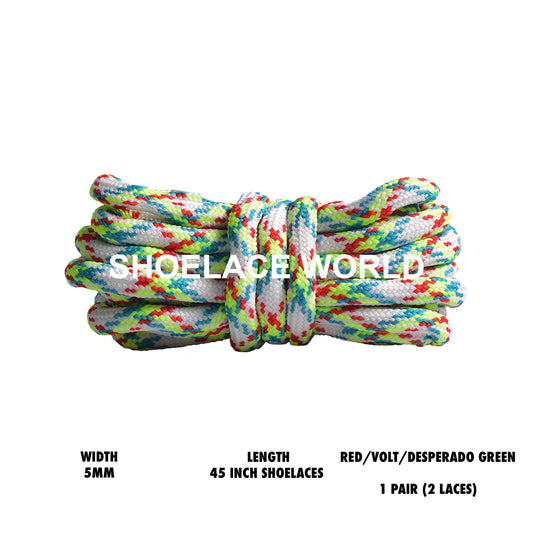Red / Volt / Desperado Green 45 Inches Crinkly Prism Multicolor Rope Shoelaces 5mm Colorful Pattern Laces Ships Out From The USA Next Day