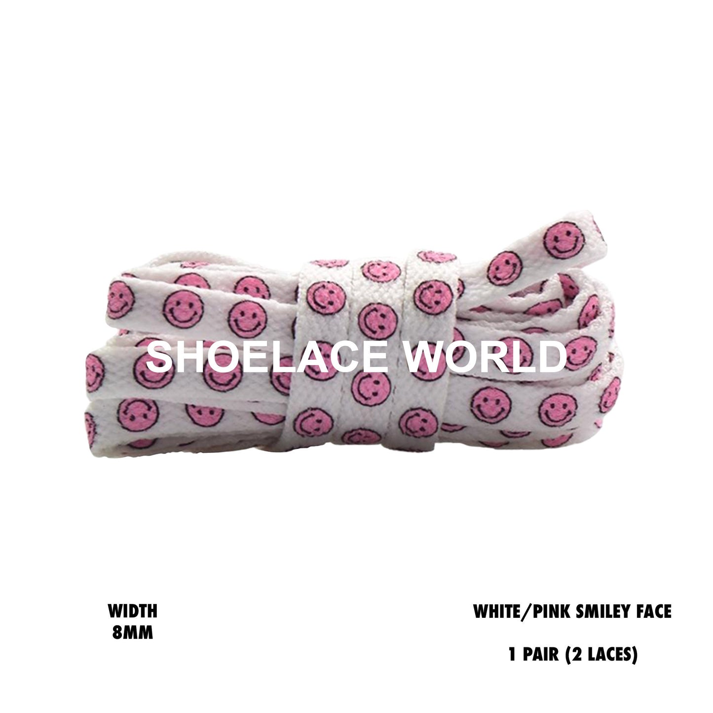 White / Pink Smiley Face Print Flat Shoelaces 8mm Colorful Printed Laces Ships Out From The USA Next Day