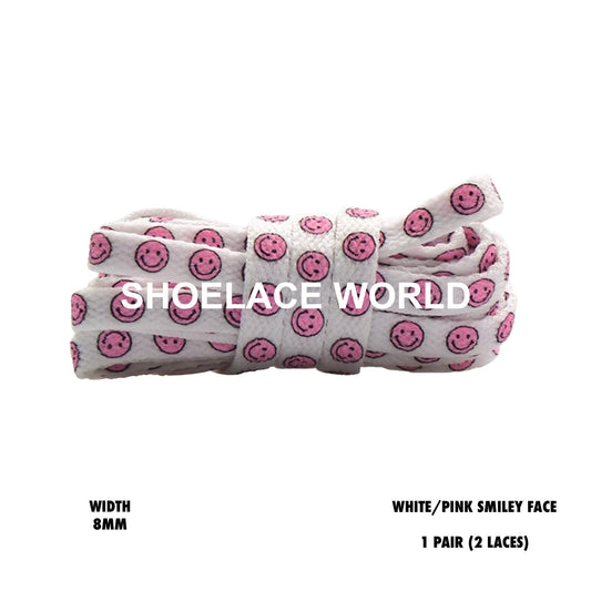 White / Pink Smiley Face Print Flat Shoelaces 8mm Colorful Printed Laces Ships Out From The USA Next Day
