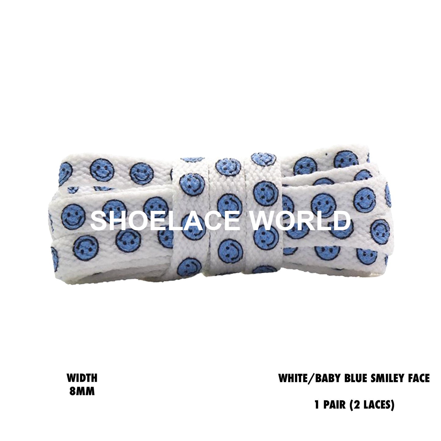 White / Baby Blue Smiley Face Print Flat Shoelaces 8mm Colorful Printed Laces Ships Out From The USA Next Day