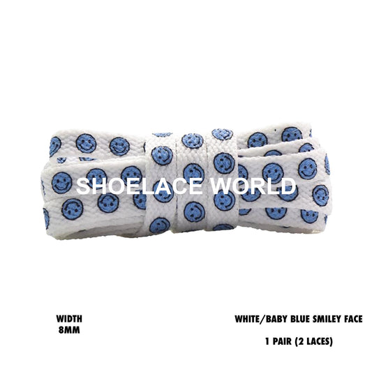 White / Baby Blue Smiley Face Print Flat Shoelaces 8mm Colorful Printed Laces Ships Out From The USA Next Day