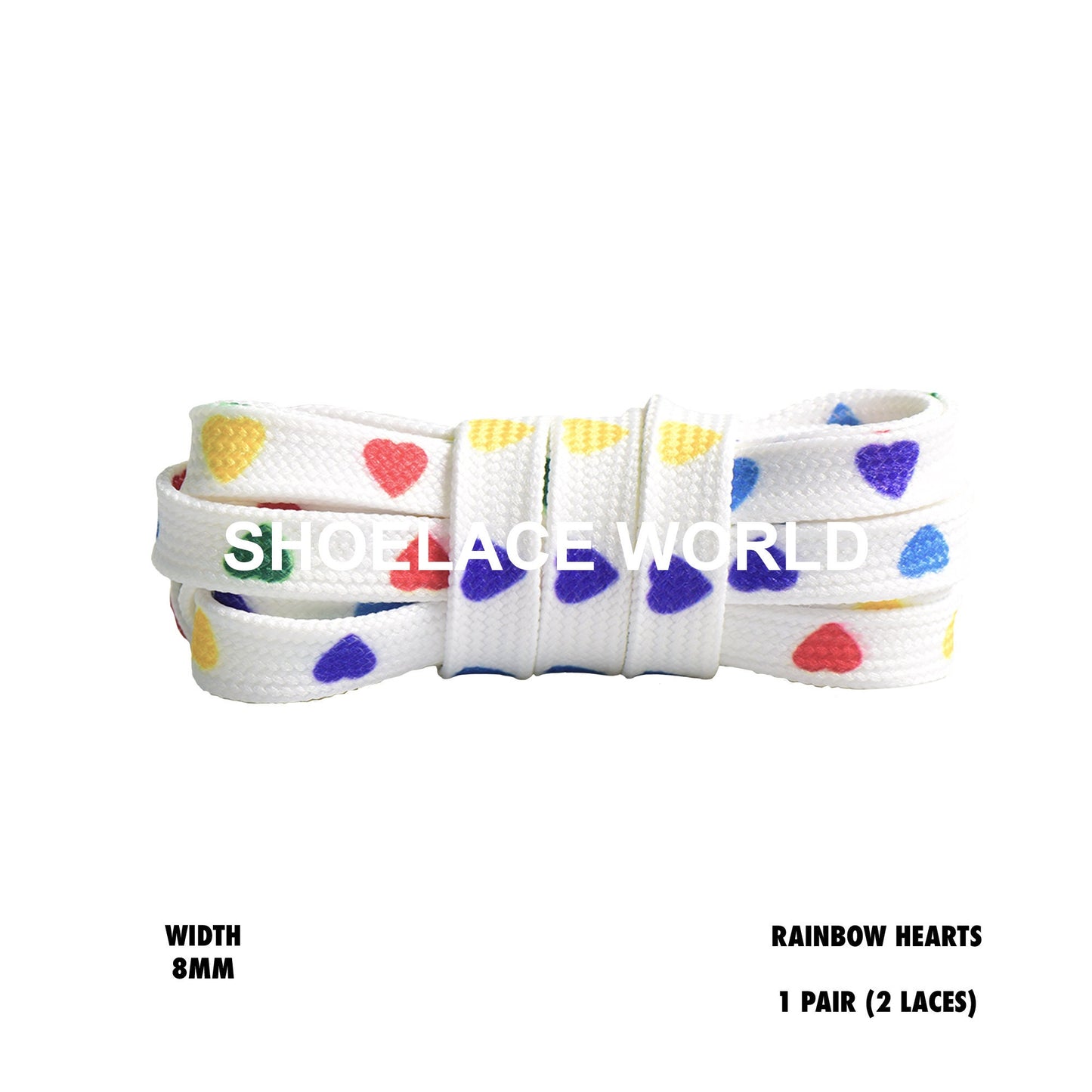 Rainbow Heart Print Flat Shoelaces 8mm Colorful Printed Laces Ships Out From The USA Next Day