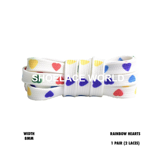Rainbow Heart Print Flat Shoelaces 8mm Colorful Printed Laces Ships Out From The USA Next Day