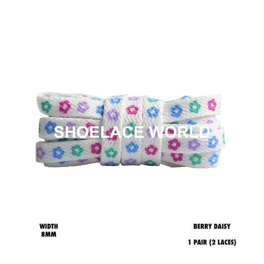 Berry Daisy Print Flat Shoelaces 8mm Colorful Printed Laces Ships Out From The USA Next Day
