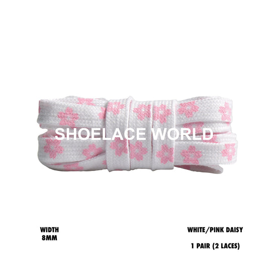 White / Pink Daisy Print Flat Shoelaces 8mm Colorful Printed Laces Ships Out From The USA Next Day