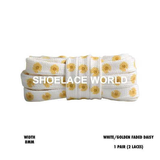 White / Golden Faded Daisy Print Flat Shoelaces 8mm Colorful Printed Laces Ships Out From The USA Next Day