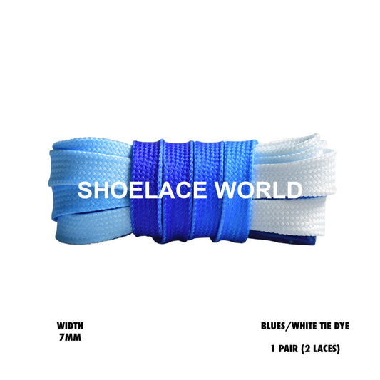 Blues / White Tie Dye Faded Flat Shoelaces 7mm Colorful Fun Laces Ships Out From The USA Next Day