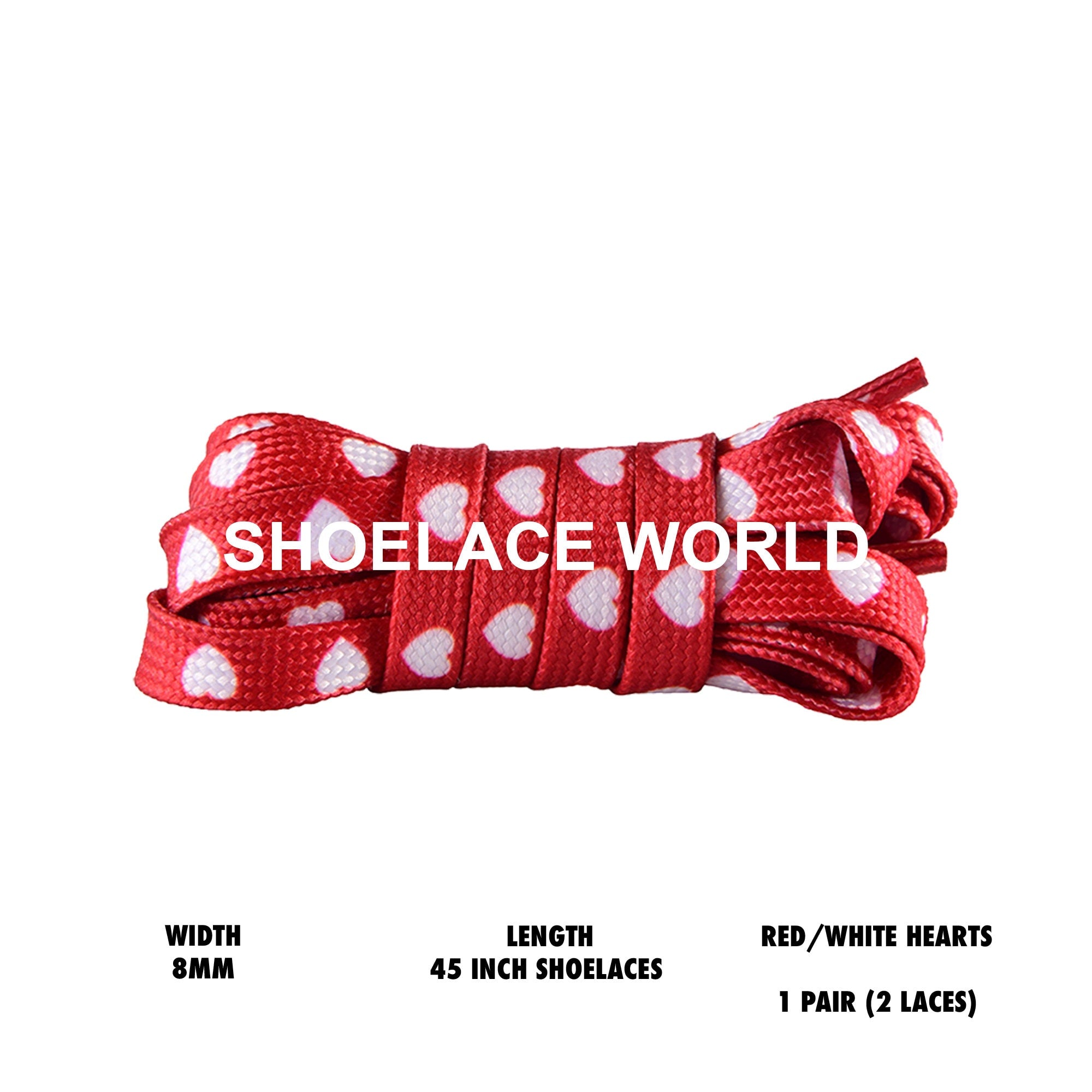 Red / White Heart Print 45 Inches Flat Shoelaces 8mm Colorful Printed Laces