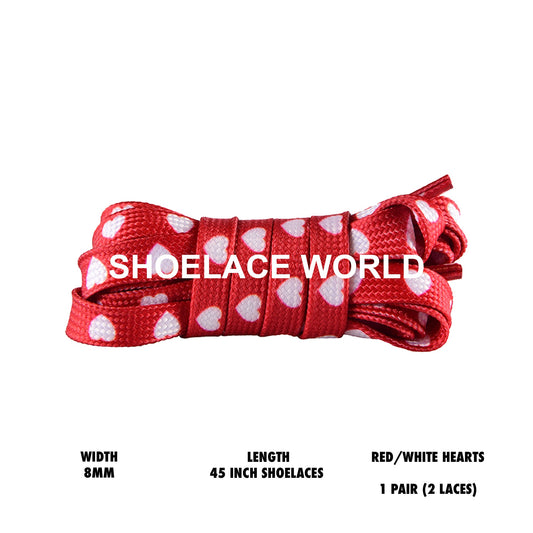 Red / White Heart Print 45 Inches Flat Shoelaces 8mm Colorful Printed Laces Ships Out From The USA Next Day