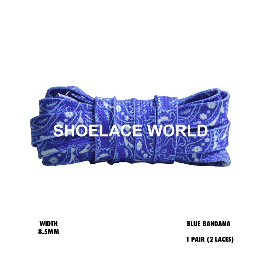 Blue Bandana Print Flat Shoelaces 8.5mm Colorful Paisley Printed Laces Ships Out From The USA Next Day