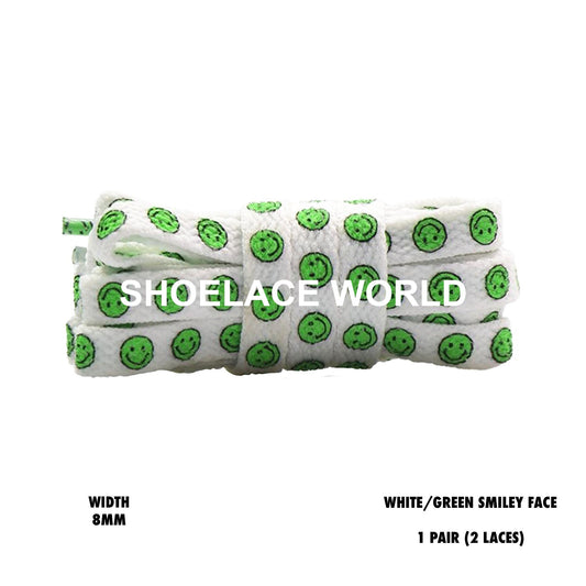 White / Green Smiley Face Print Flat Shoelaces 8mm Colorful Printed Laces Ships Out From The USA Next Day