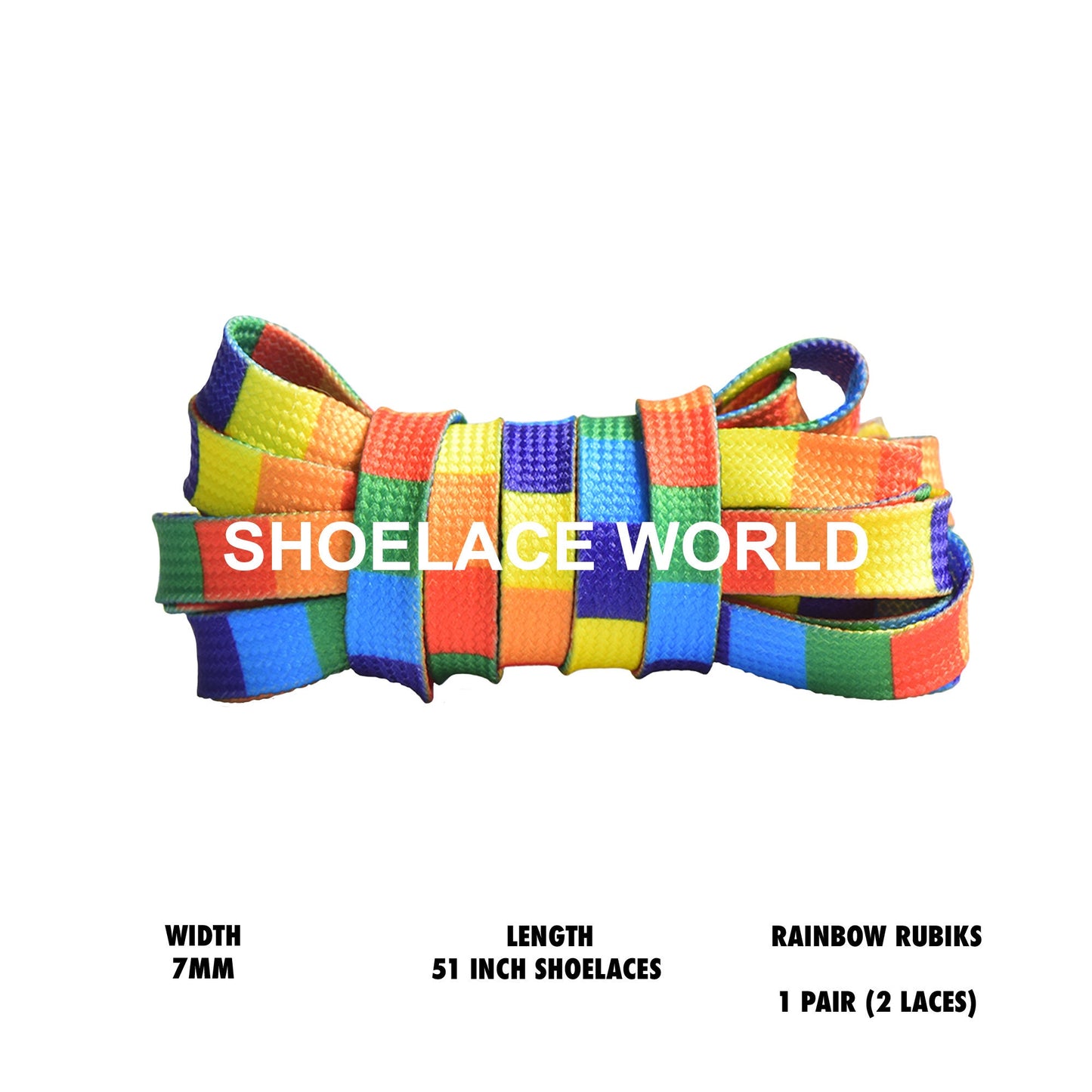 Rainbow Rubiks Print 51 Inches Flat Shoelaces 7mm Colorful Rubik's Cube Printed Laces Ships Out From The USA Next Day