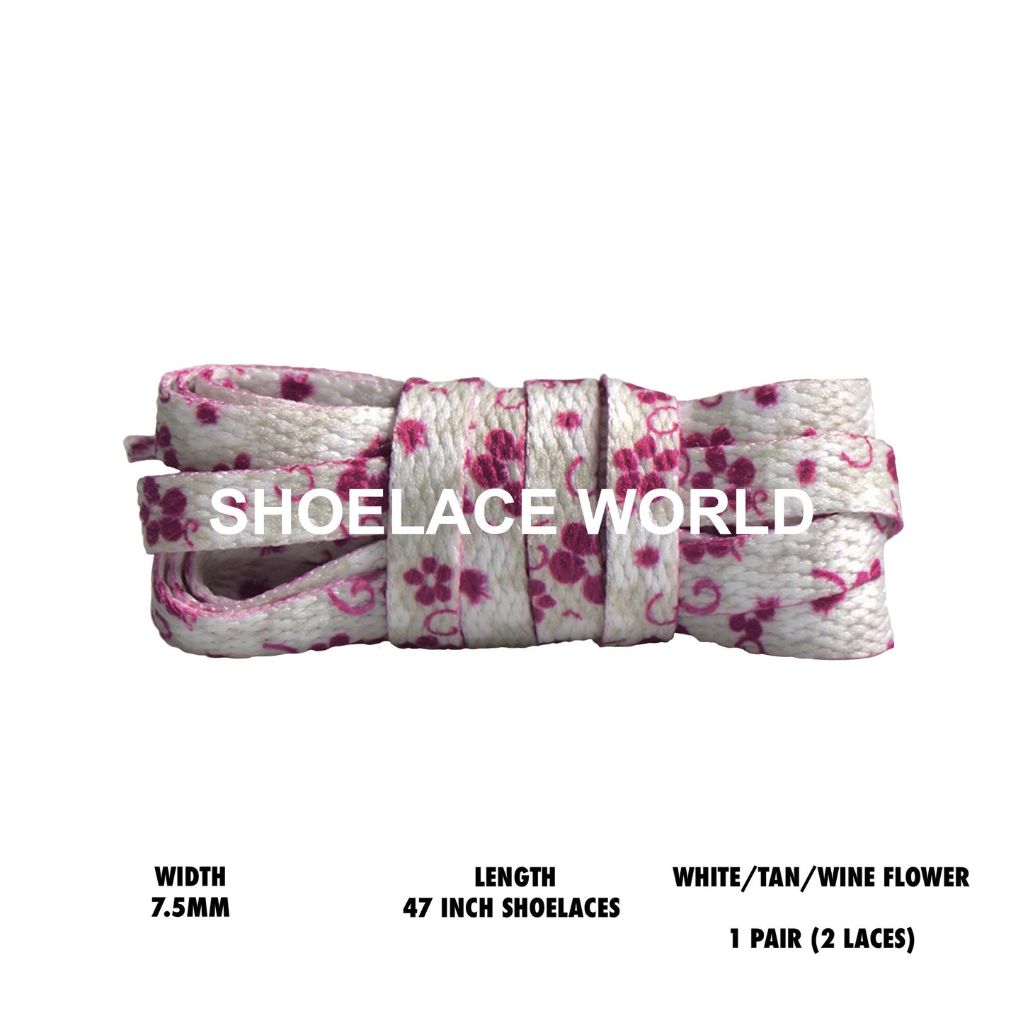 White / Tan / Wine Flower Print 47 Inches Flat Shoelaces 7.5mm Colorful Printed Laces Ships Out From The USA Next Day