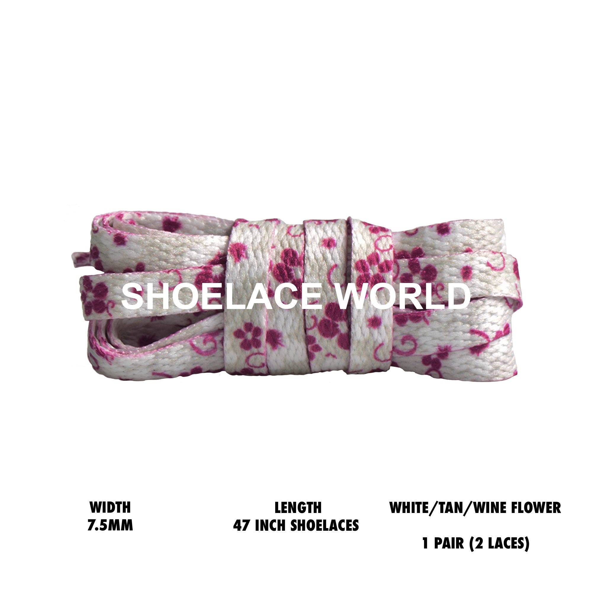 White / Tan / Wine Flower Print 47 Inches Flat Shoelaces 7.5mm Colorful Printed Laces