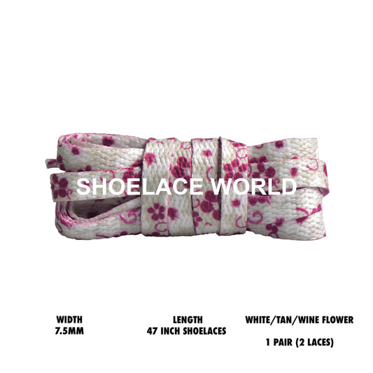 White / Tan / Wine Flower Print 47 Inches Flat Shoelaces 7.5mm Colorful Printed Laces Ships Out From The USA Next Day