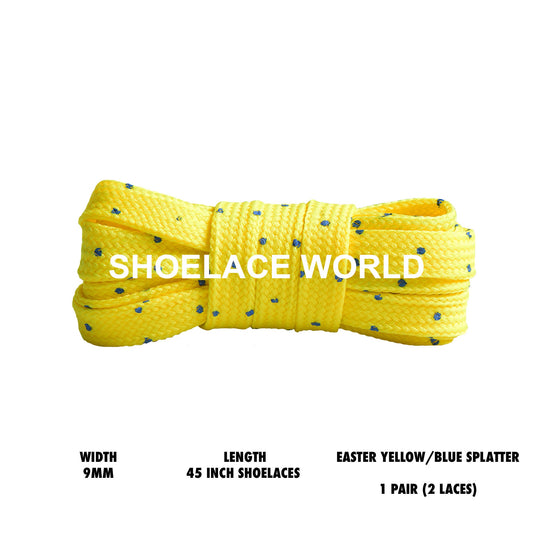 Easter Yellow / Blue Splatter 45 Inches Flat Shoelaces 9mm Colorful Laces Ships Out From The USA Next Day