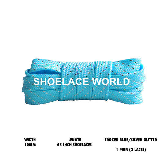 Frozen Blue / Silver Glitter 45 Inches Flat Shoelaces 10mm Colorful Laces Ships Out From The USA Next Day