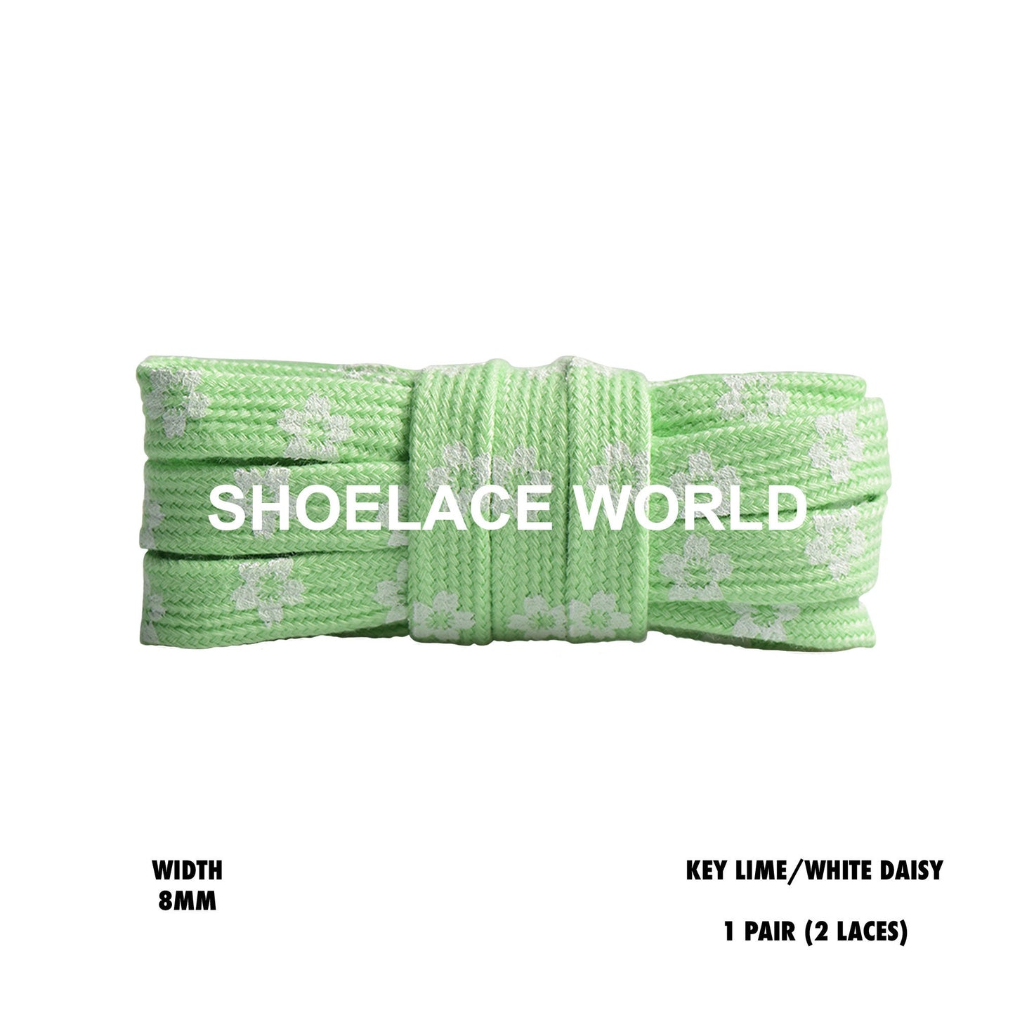 Key Lime / White Daisy Print Flat Shoelaces 8mm Colorful Printed Laces Ships Out From The USA Next Day