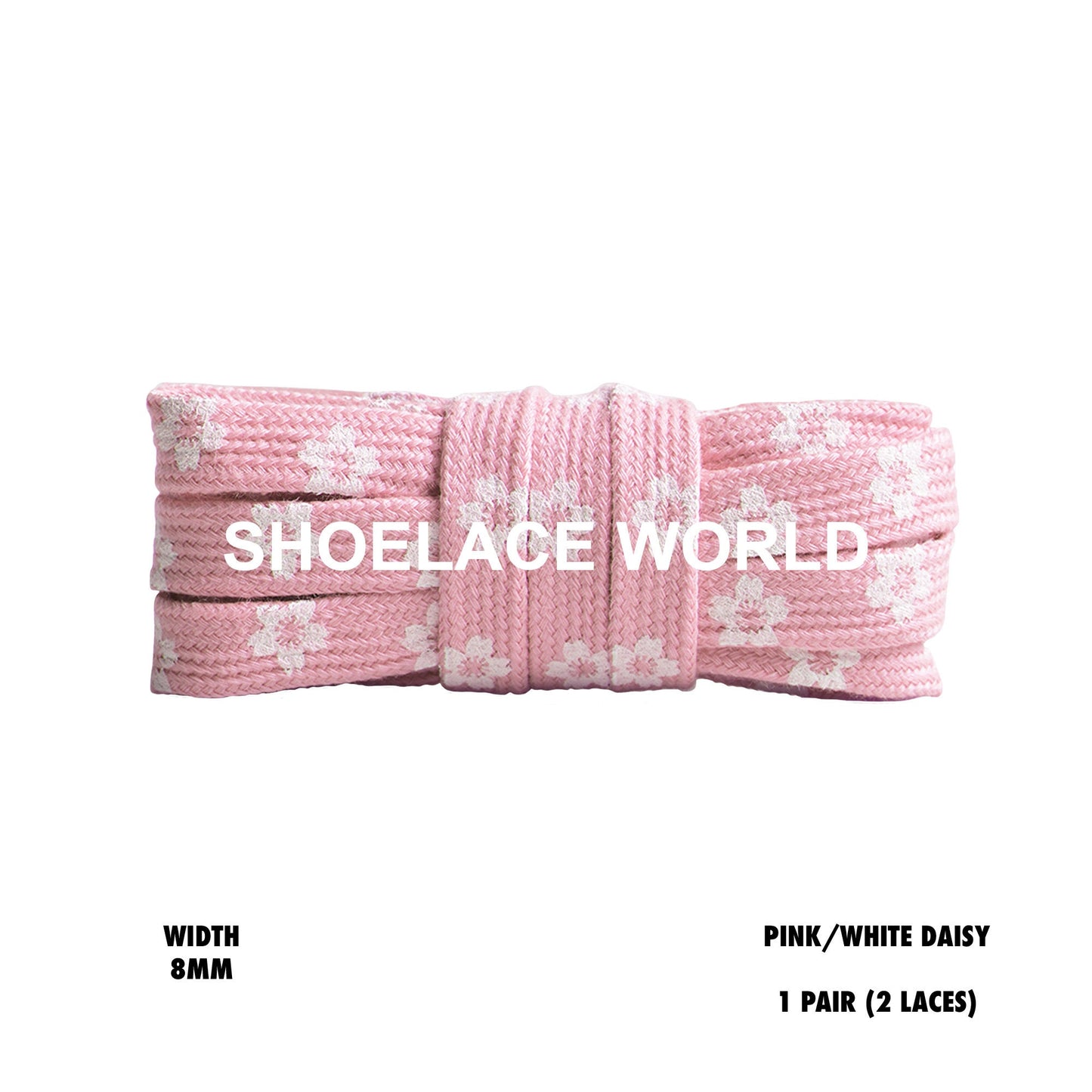 Pink / White Daisy Print Flat Shoelaces 8mm Colorful Printed Laces Ships Out From The USA Next Day
