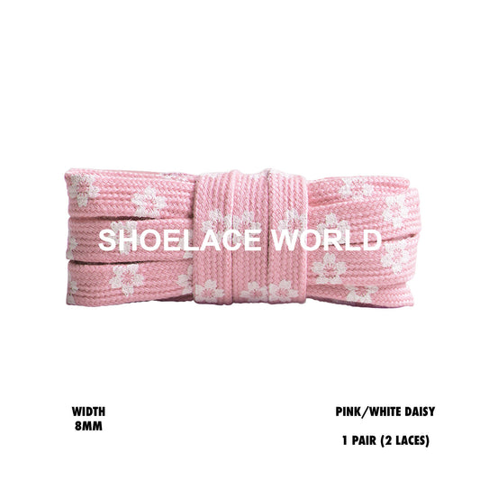 Pink / White Daisy Print Flat Shoelaces 8mm Colorful Printed Laces Ships Out From The USA Next Day