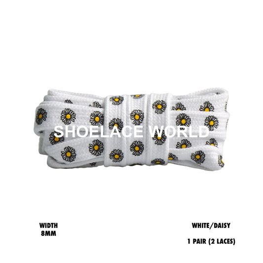 White / Daisy Print Flat Shoelaces 8mm Colorful Printed Laces Ships Out From The USA Next Day