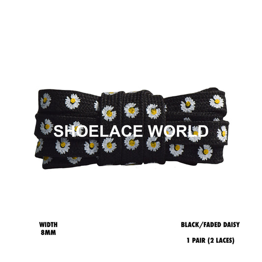 Black / Faded Daisy Print Flat Shoelaces 8mm Colorful Printed Laces Ships Out From The USA Next Day