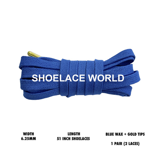 Blue Waxed + Gold Tips 51 Inches Flat Shoelaces 6.25mm Wax Gold Tipped Laces With Aglets Ships Out From The USA Next Day