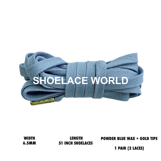 Powder Blue Waxed + Gold Tips 51 Inches Flat Shoelaces 6.25mm Wax Gold Tipped Laces With Aglets Ships Out From The USA Next Day