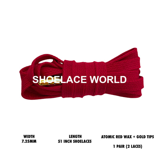 Atomic Red Waxed + Gold Tips 51 Inches Flat Shoelaces 6.25mm Wax Gold Tipped Laces With Aglets Ships Out From The USA Next Day