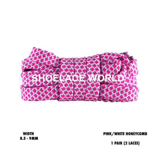 Pink / White Honeycomb Two Tone Flat Shoelaces 8.5 - 9mm Colorful Pattern Laces Ships Out From The USA Next Day
