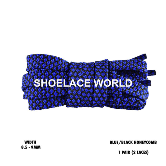 Blue / Black Honeycomb Two Tone Flat Shoelaces 8.5 - 9mm Colorful Pattern Laces Ships Out From The USA Next Day