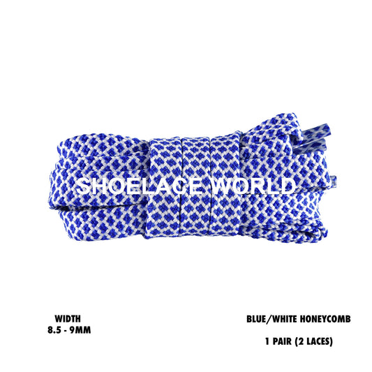 Blue / White Honeycomb Two Tone Flat Shoelaces 8.5 - 9mm Colorful Pattern Laces Ships Out From The USA Next Day