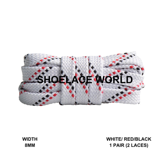 White / Red / Black Pattern Flat Shoelaces 8mm Colorful Pattern Laces Ships Out From The USA Next Day