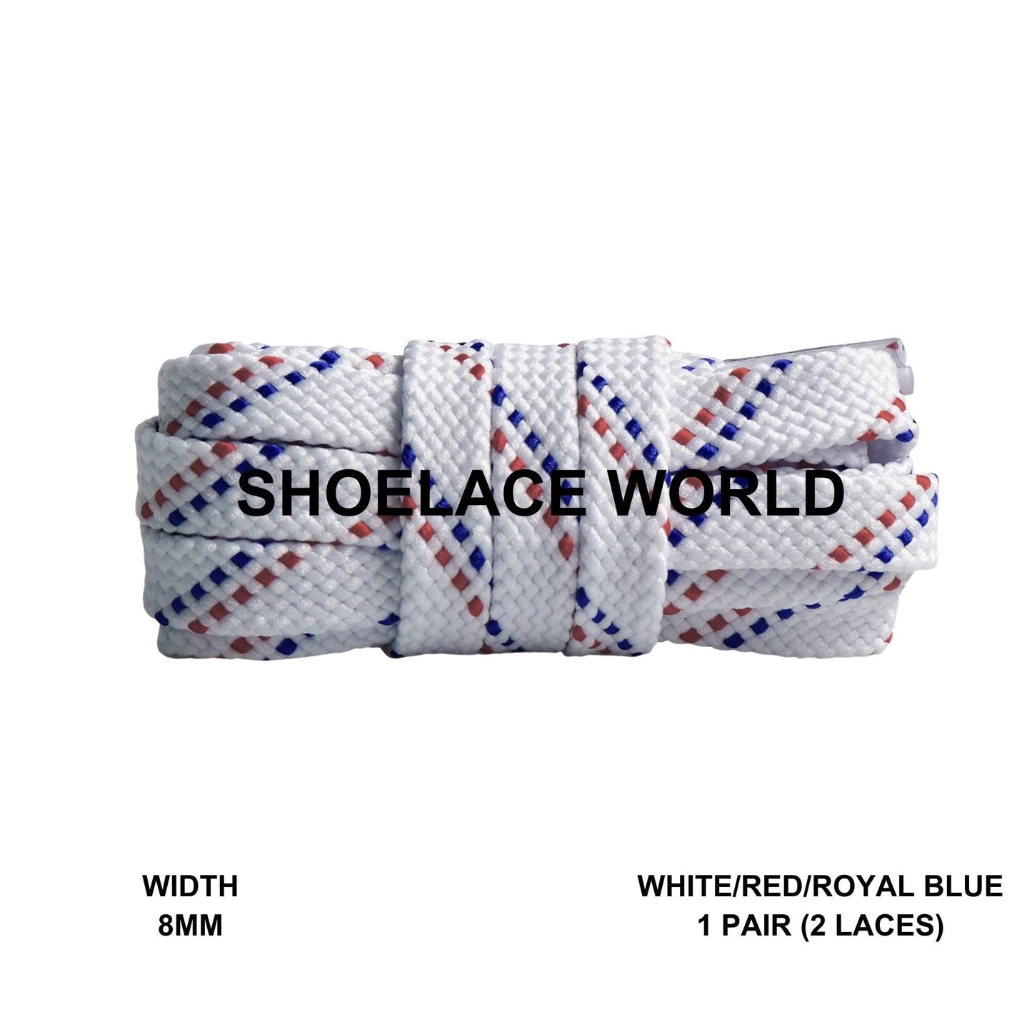 White / Red / Royal Blue Pattern Flat Shoelaces 8mm Colorful Pattern Laces Ships Out From The USA Next Day