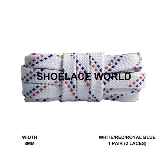 White / Red / Royal Blue Pattern Flat Shoelaces 8mm Colorful Pattern Laces Ships Out From The USA Next Day