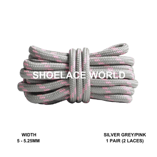 Silver Grey / Pink Rope Round Shoelaces 3/16 Inch 5-5.25mm For Boot Hiking Jogging Trekking Durable Laces Ships Out From The USA Next Day