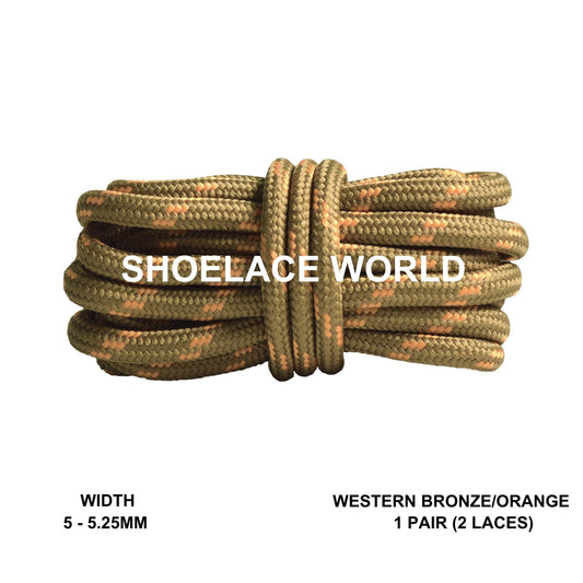 Western Bronze / Orange Rope Round Shoelaces 3/16 Inch 5-5.25mm Boot Hiking Jogging Trekking Durable Laces Ships Out From The USA Next Day