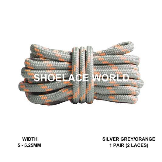 Silver Grey / Orange Rope Round Shoelaces 3/16 Inch 5-5.25mm For Boot Hiking Jogging Trekking Durable Laces Ships Out From The USA Next Day