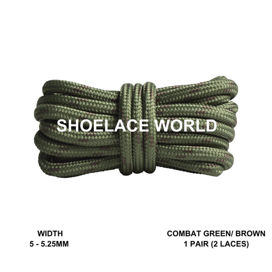 Combat Green / Brown Rope Round Shoelaces 3/16 Inch 5-5.25mm For Boot Hiking Jogging Trekking Durable Laces Ships Out From The USA Next Day